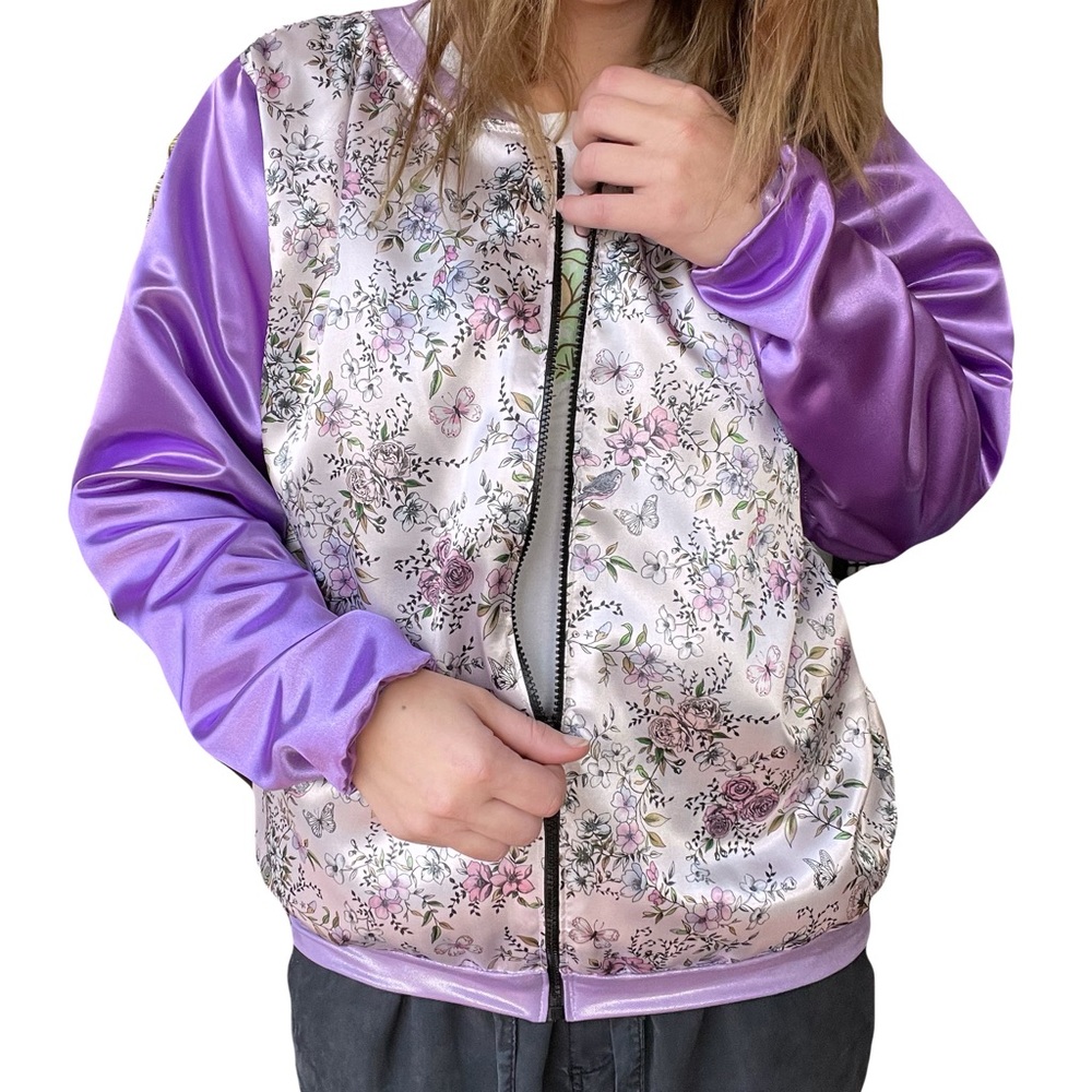 Floral Satin Bomber Jacket with Purple Sleeves